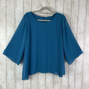 Soft Surroundings Blouse Women’s L Layered Shear Overlay 3/4 Sleeve Blue